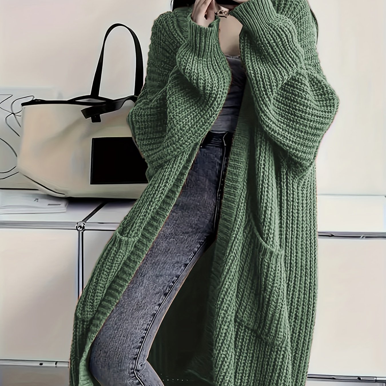 Plus Size Open Front Loose Knit Cardigan, Casual Long Sleeve Long Length Cardigan With Pocket, Women's Plus Size Clothing