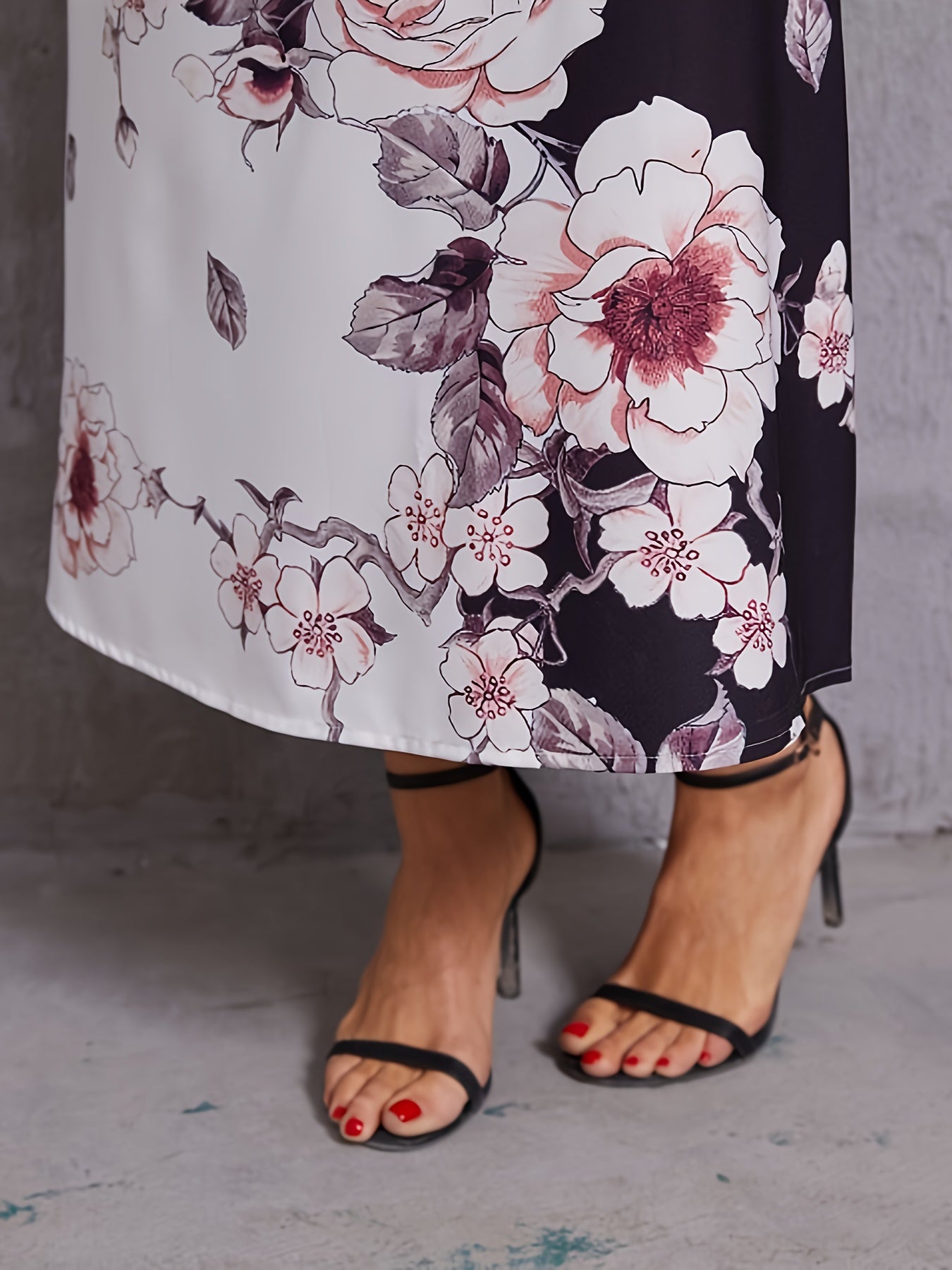 Floral Print Keyhole Dress, Elegant Long Sleeve Crew Neck Maxi Dress, Women's Clothing