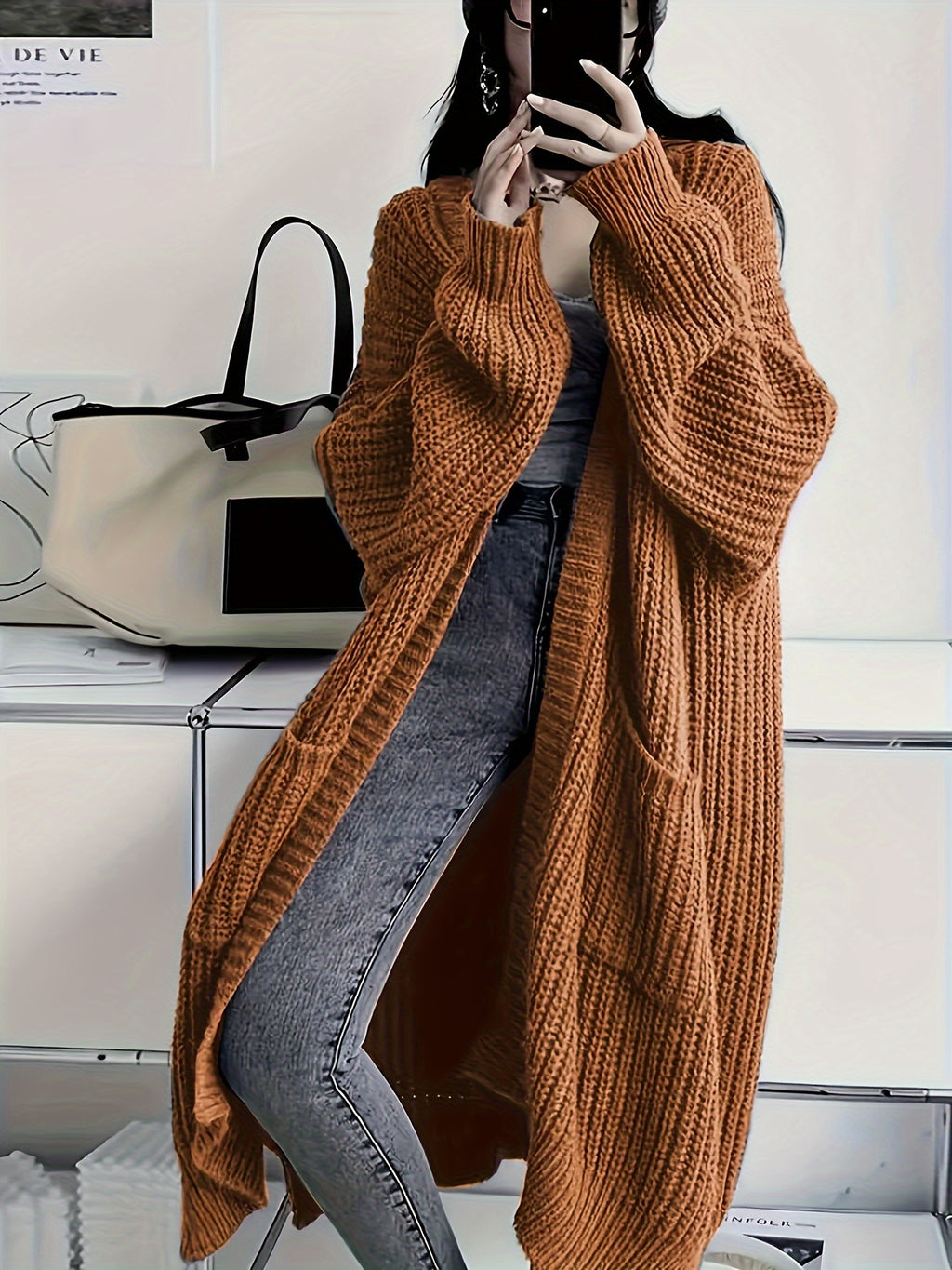 Plus Size Open Front Loose Knit Cardigan, Casual Long Sleeve Long Length Cardigan With Pocket, Women's Plus Size Clothing