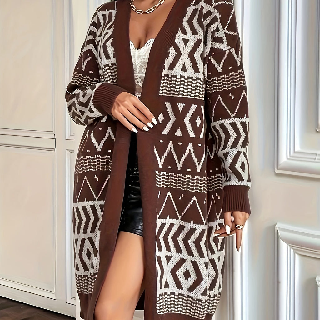 Plus Size Geo Print Open Front Cardigan, Casual Long Sleeve Cardigan For Fall & Winter, Women's Plus Size Clothing
