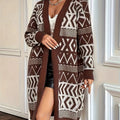 Plus Size Geo Print Open Front Cardigan, Casual Long Sleeve Cardigan For Fall & Winter, Women's Plus Size Clothing