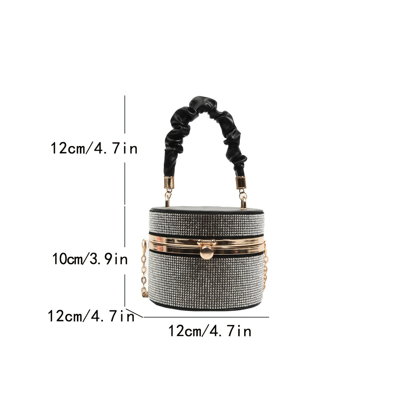 Mini Allover Rhinestone Handbag, Ruched Detail Evening Bucket Bag, Stylish Chain Shoulder Purse For Party (3.9*4.7*4.7) Inch - Rhinestone & Chain Detail - Perfect for Evening Events & Parties - Ideal Gift for Women -  For Car