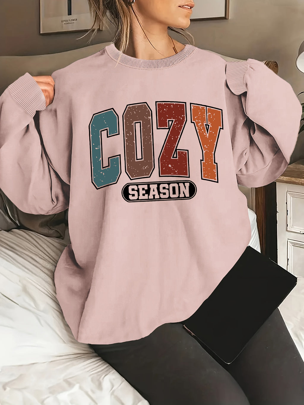 Plus Size Letter Print Sweatshirt, Casual Crew Neck Long Sleeve Pullover Sweatshirt, Women's Plus Size Clothing