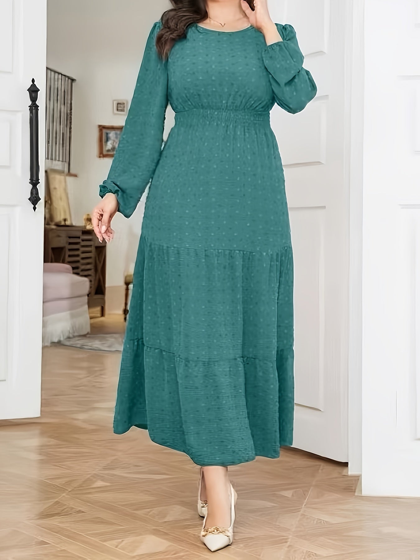 High Waist Tiered Dress, Elegant Solid Long Sleeve Maxi Dress, Women's Clothing
