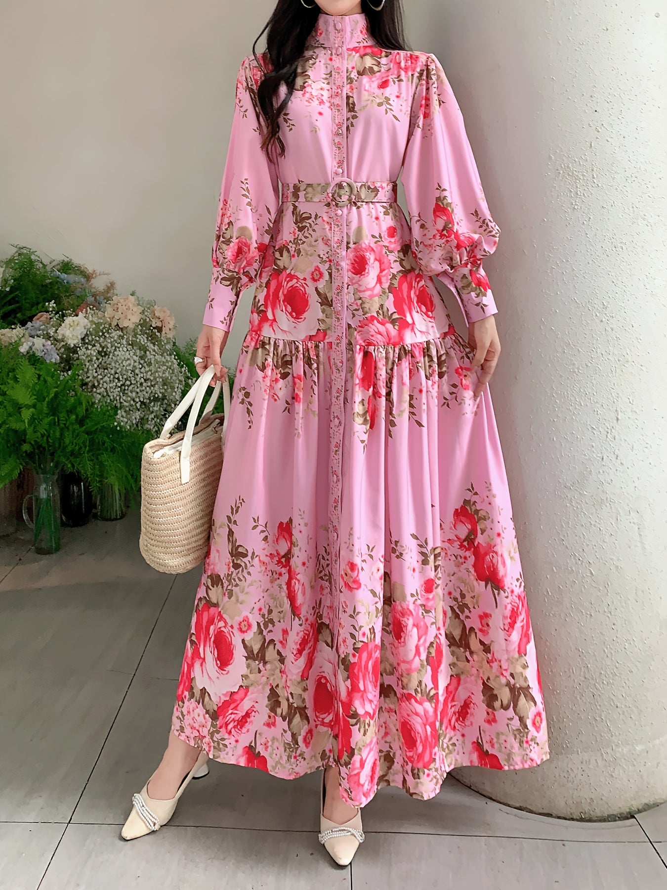 1pc Elegant Vintage Floral Chiffon Dress for Women - Long Sleeve Stand Collar Maxi Dress with Belt Detail, Regular Fit Woven Dress for All Seasons