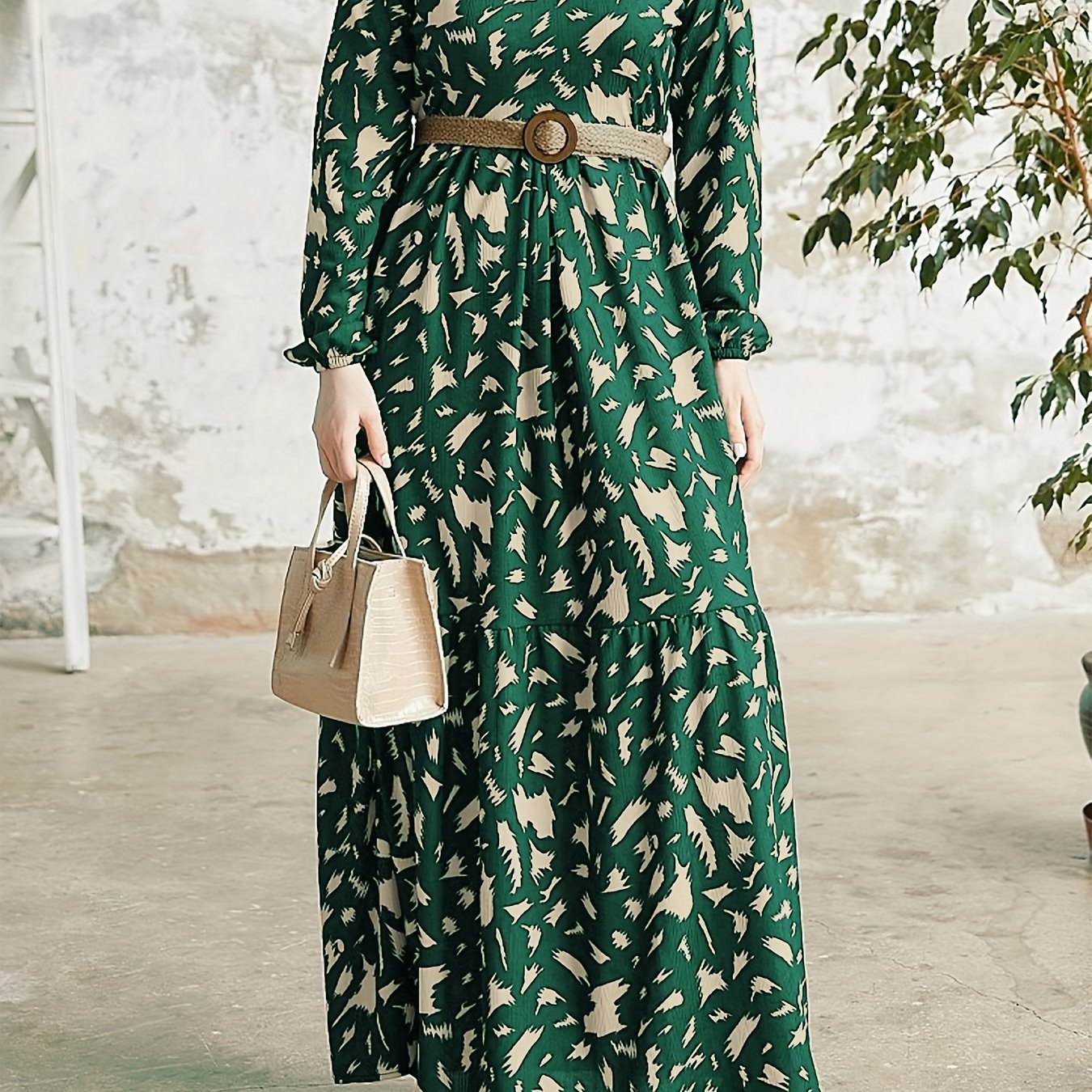 Vibrant Color Block Maxi Dress - Elastic Polyester Crew Neck Modest Dress with Belt, Machine Washable, Random Print, Woven Fabric, Perfect for Spring & Fall, Middle East Style Womens Clothing