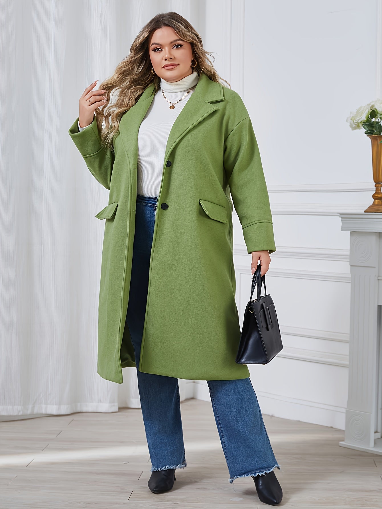 Plus Size Solid Button Coat, Casual Long Sleeve Lapel Outwear For Fall & Winter, Women's Plus Size Clothing