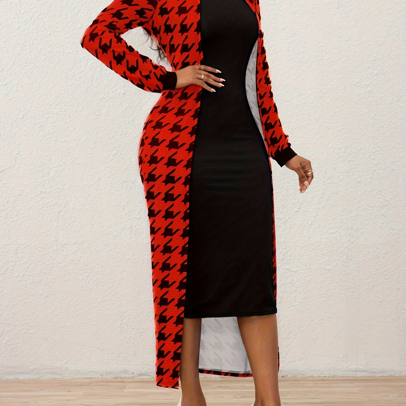 Elegant Long-Sleeve Houndstooth Maxi Dress | Spring Season, Fitted Style, Conventional Collar
