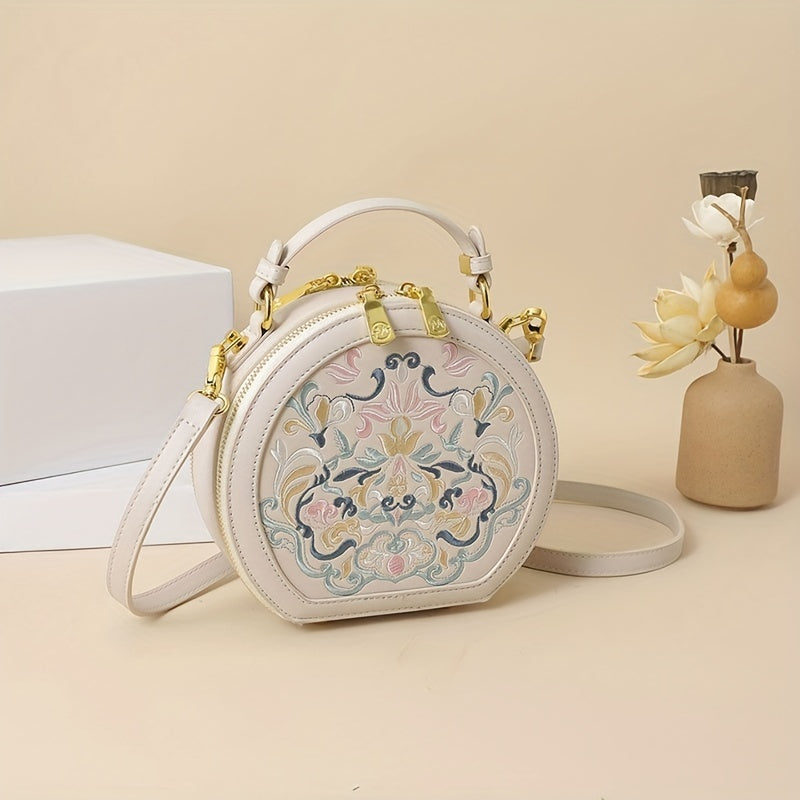Elegant Floral Embroidered Crossbody Bag - Chic Faux Leather Shoulder Purse with Golden-Tone Hardware, Zip Closure, and Polyester Lining - Handwash/Dry Clean, Multicolor