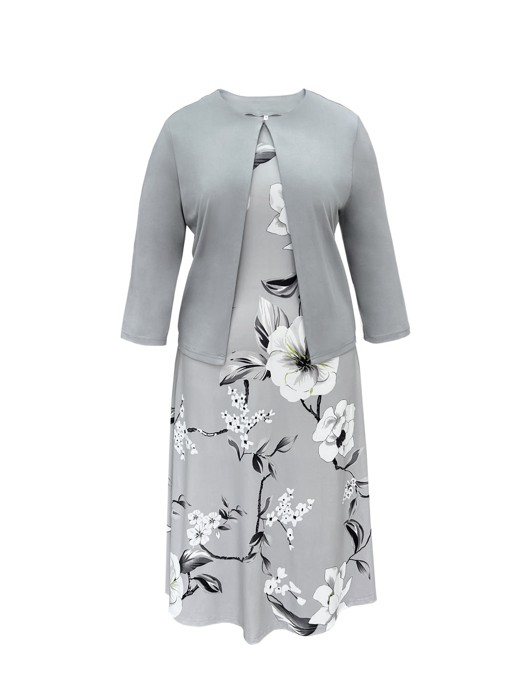 Plus Size Floral Chic Two-Piece Outfit - Crew Neck Tank Dress & 3/4 Sleeve Open Front Top - Comfortable, Relaxed Fit, Versatile, Women's Plus Size Clothing for Summer, Vacation, and Daily Wear