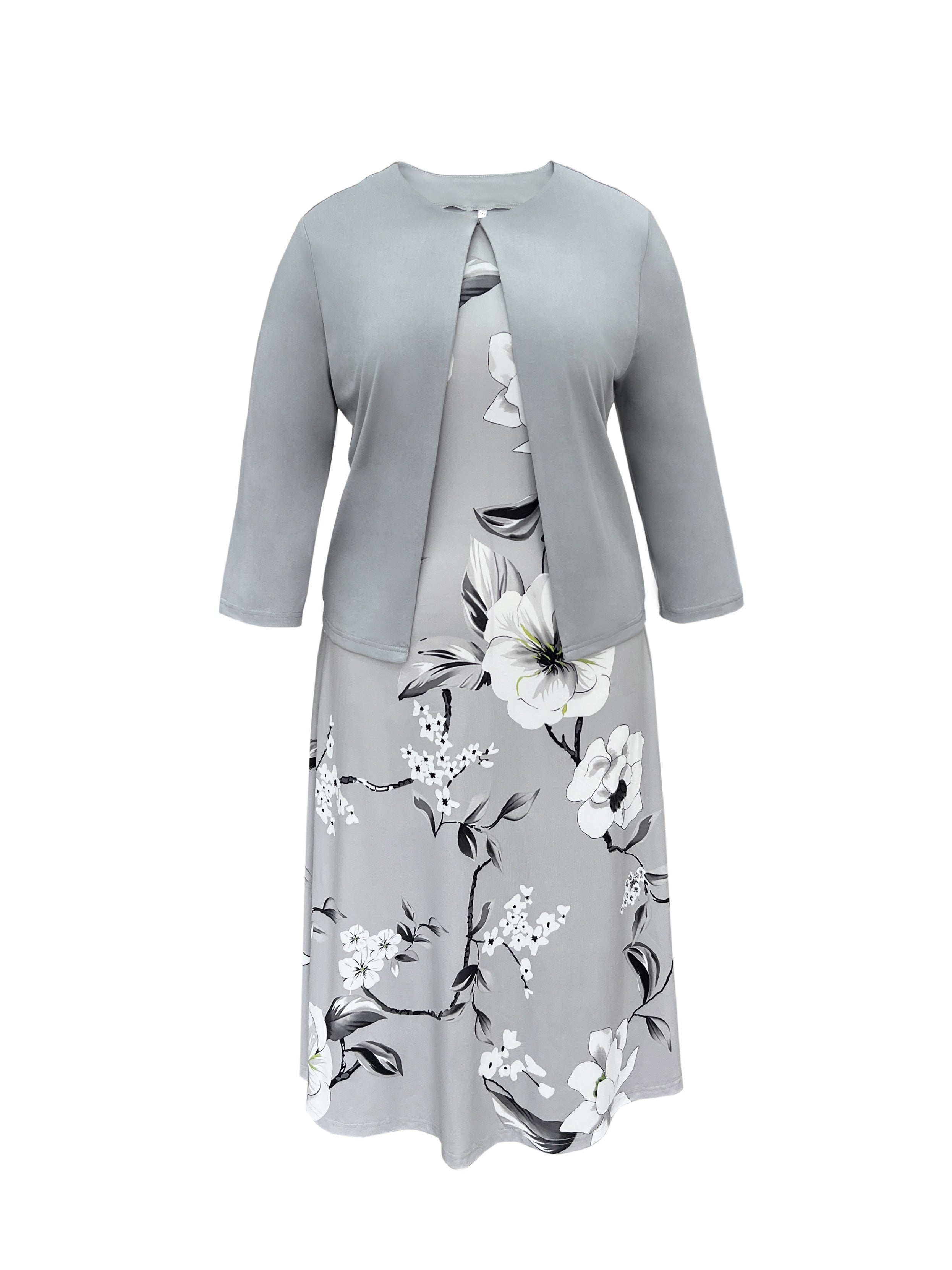 Plus Size Floral Chic Two-Piece Outfit - Crew Neck Tank Dress & 3/4 Sleeve Open Front Top - Comfortable, Relaxed Fit, Versatile, Women's Plus Size Clothing for Summer, Vacation, and Daily Wear