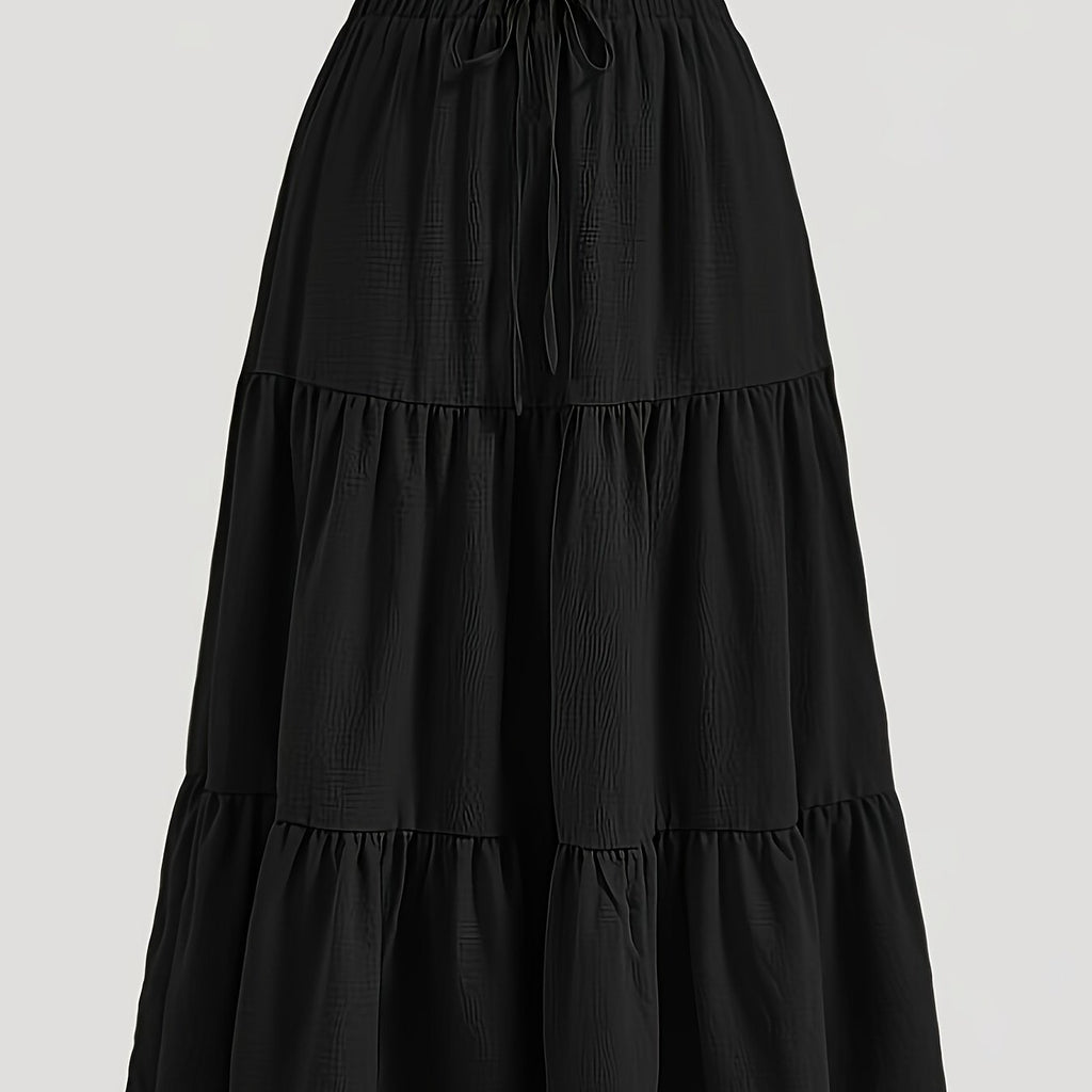 Plus Size Solid Ruched Tiered Skirt, Casual Elastic Waist Midi Skirt For Spring & Summer, Women's Plus Size Clothing