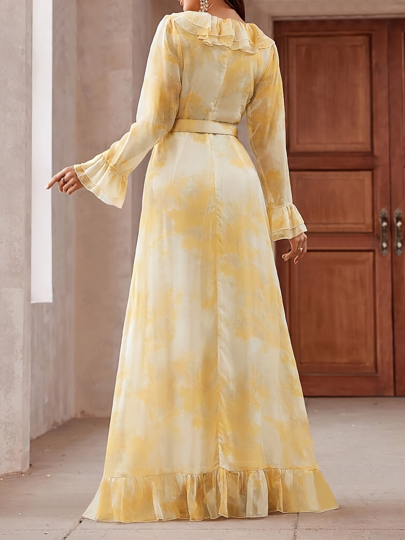 Elegant Long Sleeve Ruffle Hem Swing Maxi Dress for Women, Perfect for Spring & Fall, Flowy and Chic