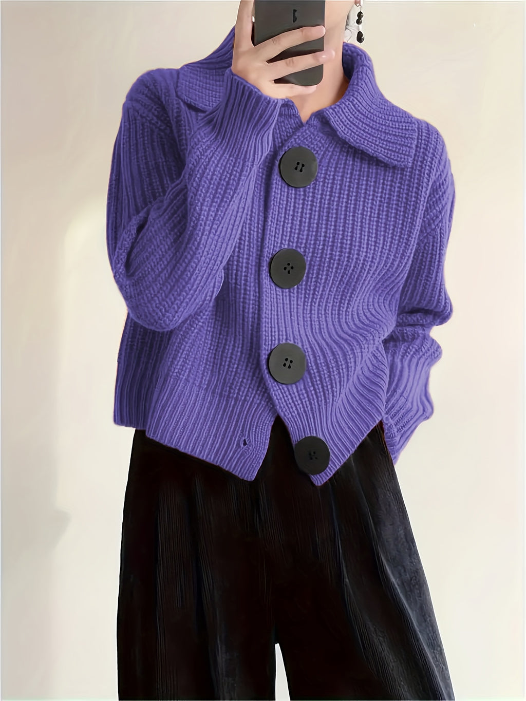 Plus Size Solid Color Button Front Knitted Cardigan, Stylish Casual Long Sleeve Cardigan For Fall & Winter, Women's Plus Size Clothing