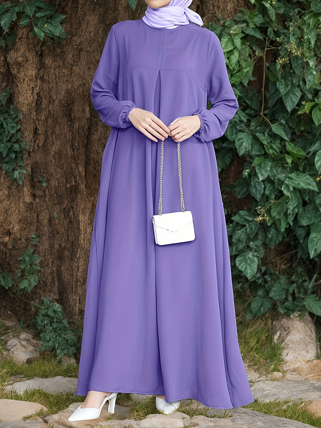 Long Sleeve Elegant Solid Color Maxi Dress for Spring & Fall, Simple Modest Women's Clothing