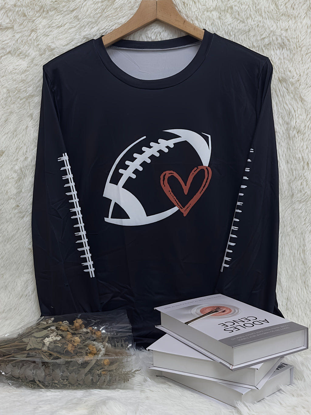 Plus Size Football Print Crew Neck T-shirt, Casual Long Sleeve Top For Spring & Fall, Women's Plus Size Clothing