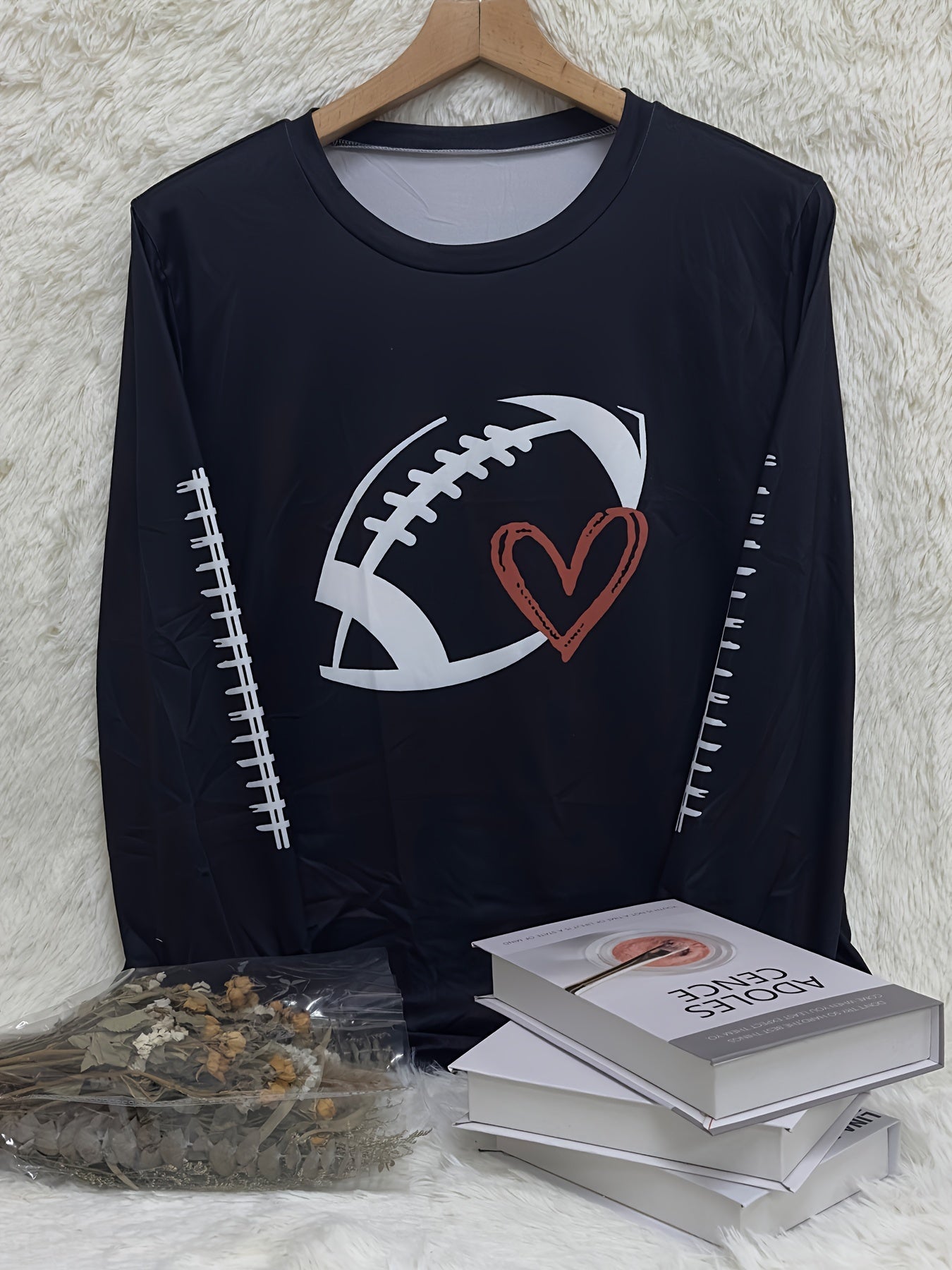 Plus Size Football Print Crew Neck T-shirt, Casual Long Sleeve Top For Spring & Fall, Women's Plus Size Clothing
