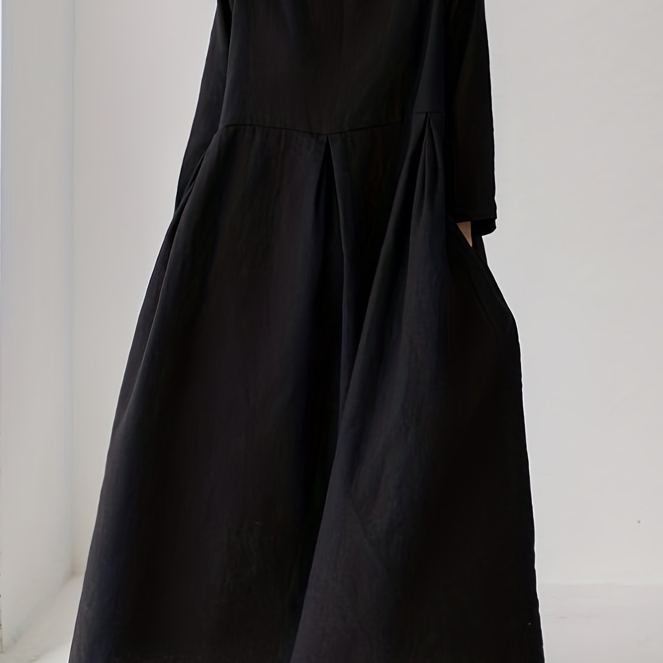 Chic Solid Maxi Dress with Pleated Hem - Flattering 3/4 Sleeves & Loose Fit - Perfect for Spring & Fall - Womens Casual Crew Neck Dress