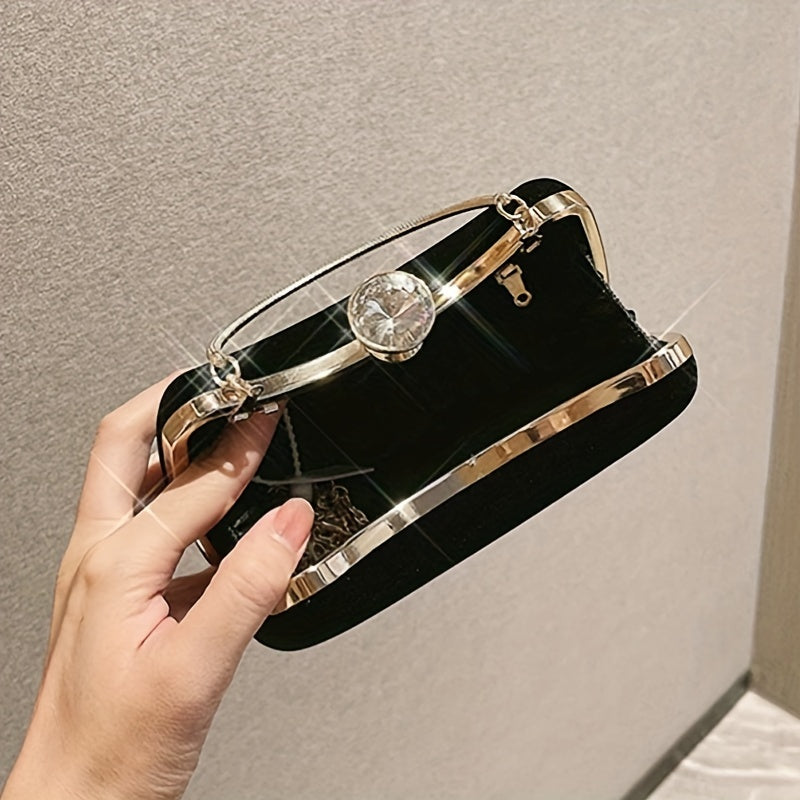 Women'S Elegant Black Luxury Evening Clutch Handbag with Golden-Tone Hardware - Structured Round Top & Chain Strap, Formal Party Purse for Special Occasions, Sophisticated Accessory, Golden-Tone Buckle Closure