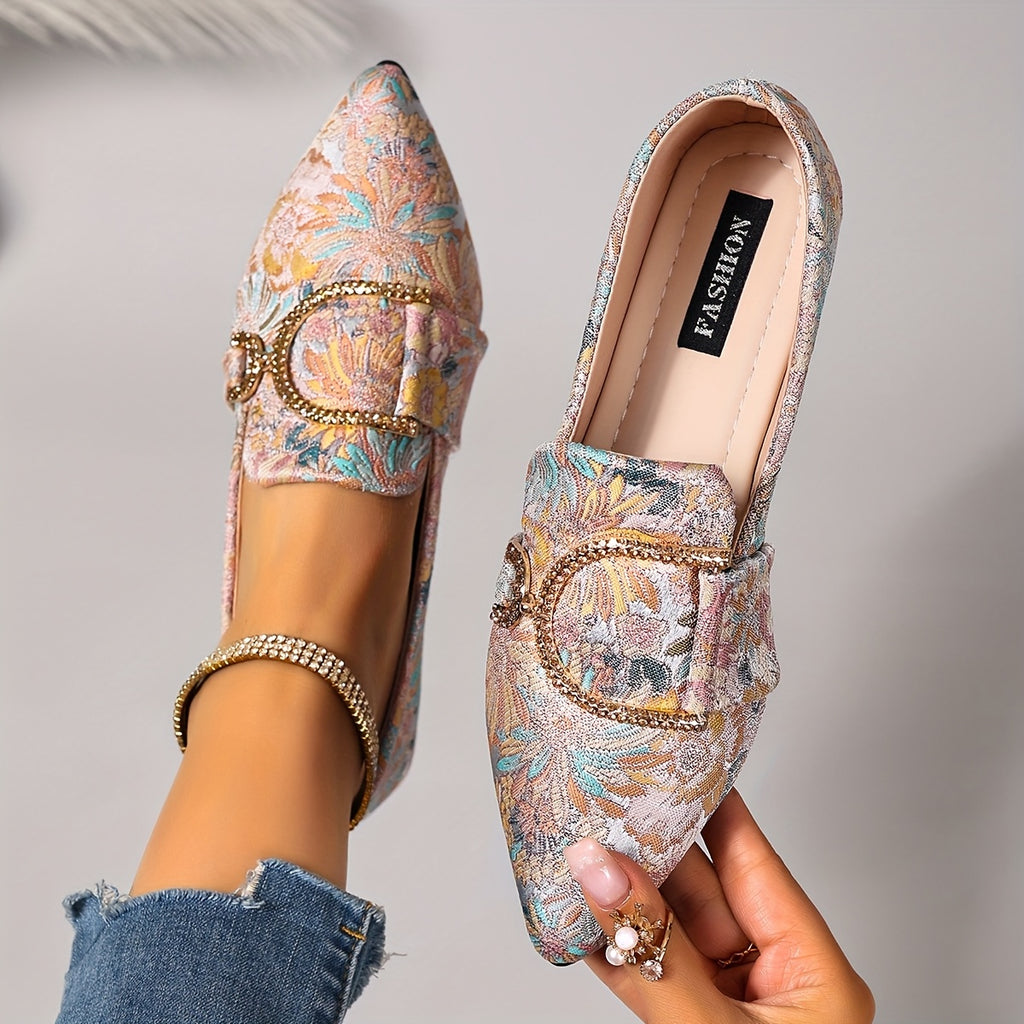 Light Blue & White Floral Design Women's Floral Embroidered Pointed-Toe Flats with Rhinestone Buckle - Soft Non-Slip Comfortable Casual Shoes, All-Season Versatile Slip-On Flats for Casual Attire, Ladies Shoes, Stylish Slipon