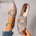 Light Blue & White Floral Design Women's Floral Embroidered Pointed-Toe Flats with Rhinestone Buckle - Soft Non-Slip Comfortable Casual Shoes, All-Season Versatile Slip-On Flats for Casual Attire, Ladies Shoes, Stylish Slipon