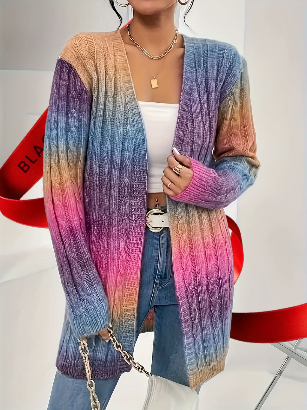 Plus Size Ombre Color Cable Knitted Cardigan, Casual Open Front Long Sleeve Cardigan For Fall & Winter, Women's Plus Size Clothing
