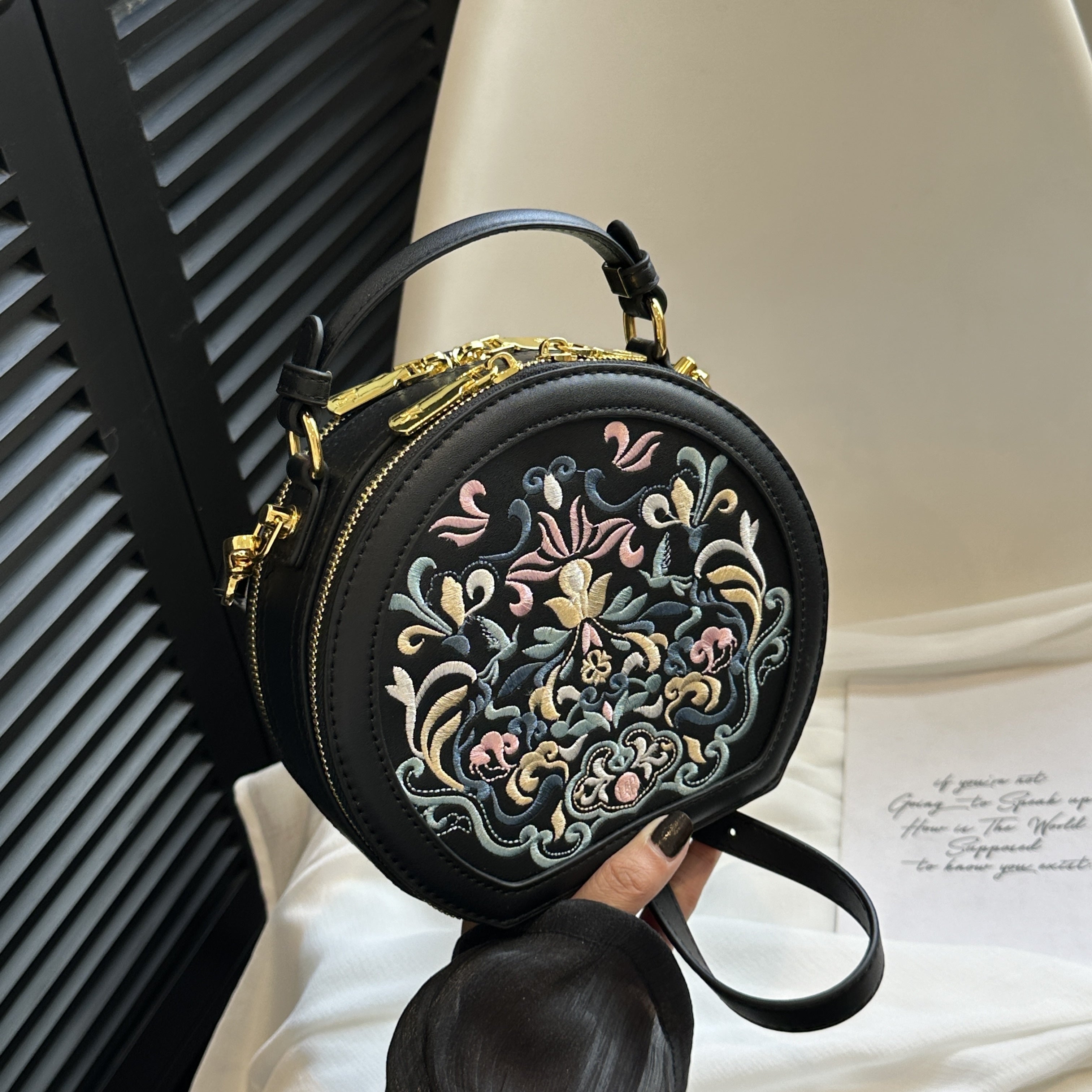 Elegant Floral Embroidered Crossbody Bag - Chic Faux Leather Shoulder Purse with Golden-Tone Hardware, Zip Closure, and Polyester Lining - Handwash/Dry Clean, Multicolor