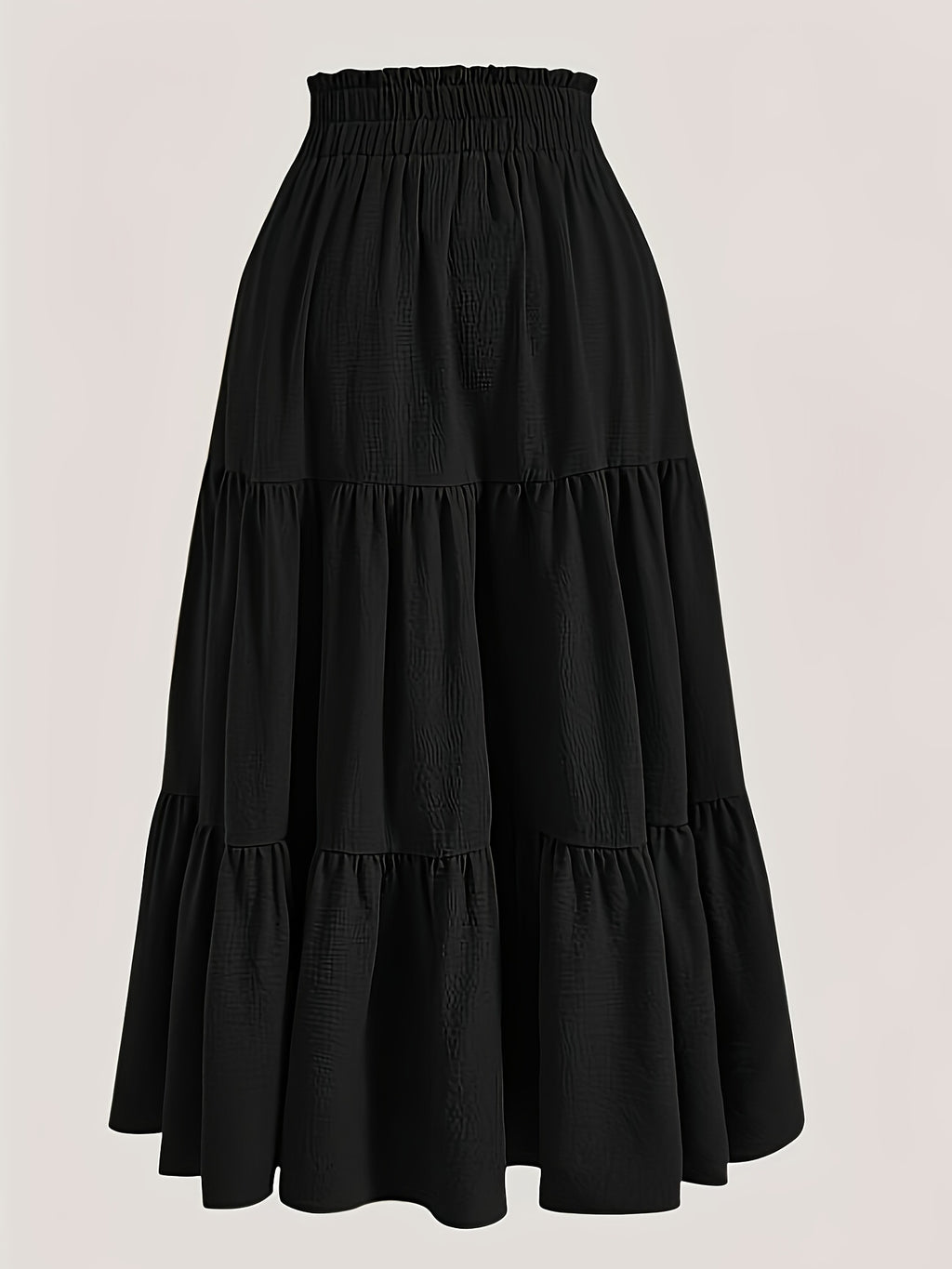Plus Size Solid Ruched Tiered Skirt, Casual Elastic Waist Midi Skirt For Spring & Summer, Women's Plus Size Clothing