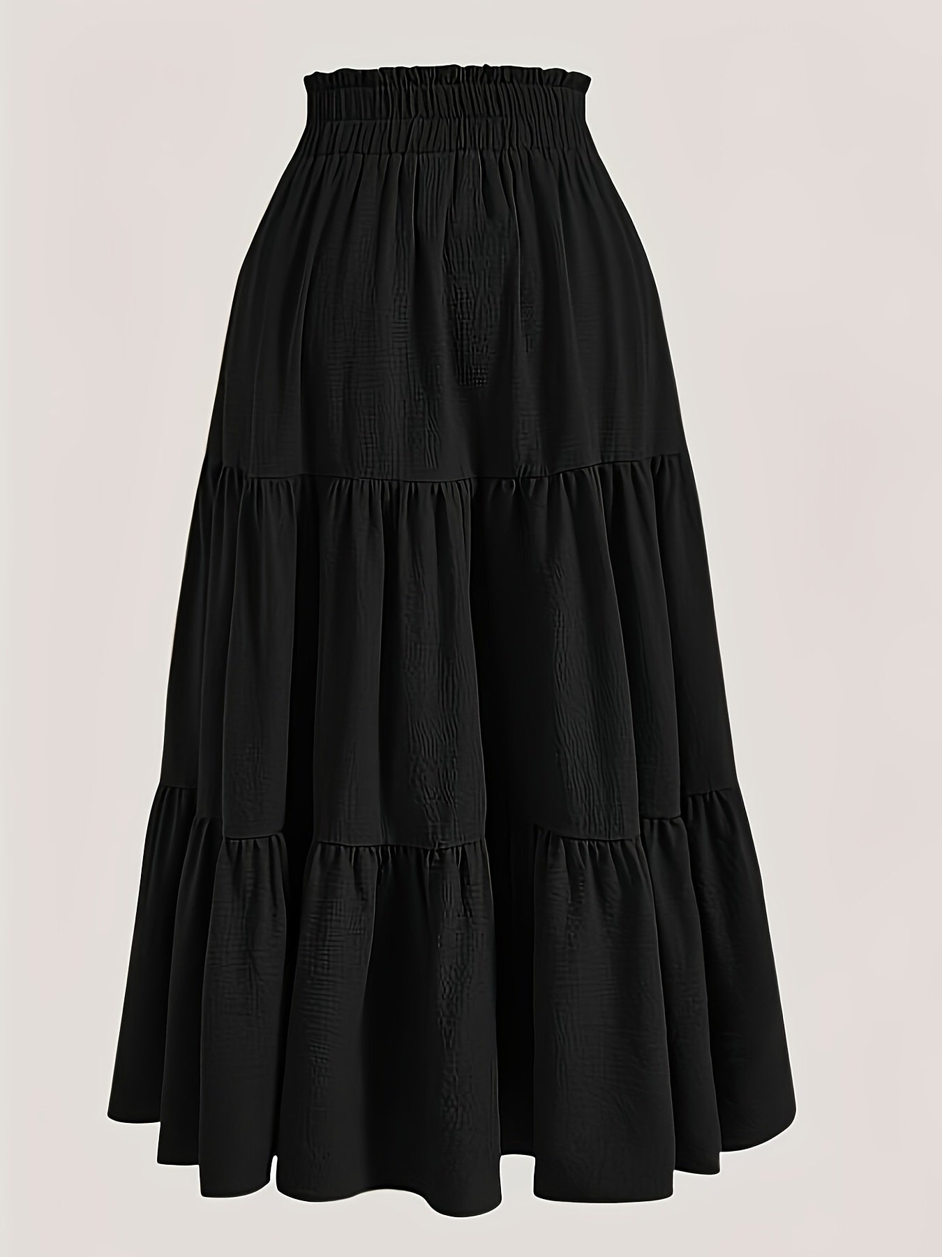 Plus Size Solid Ruched Tiered Skirt, Casual Elastic Waist Midi Skirt For Spring & Summer, Women's Plus Size Clothing