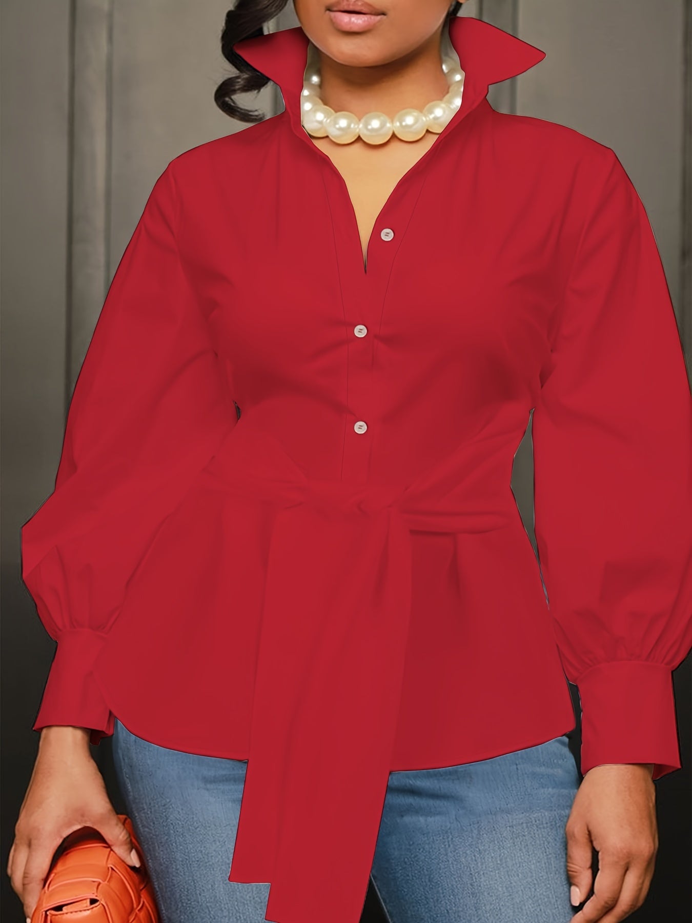 [Plus Size Solid Collar Shirt] Plus Size Solid Collared Shirt, Casual Long Sleeve Button Front Shirt, Women's Plus Size Clothing