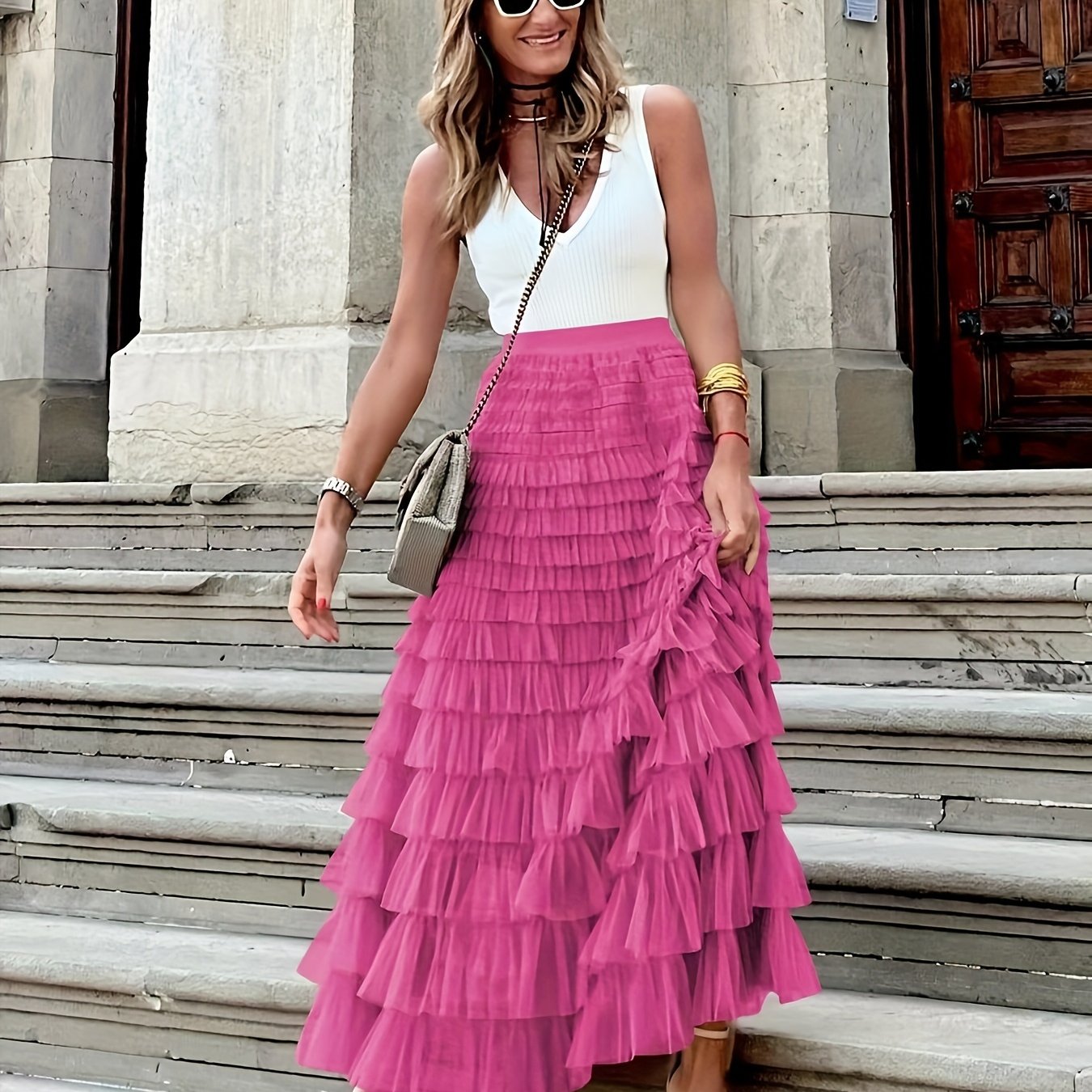Mesh Layered Hem Skirt, Boho High Waist Skirt, Women's Clothing