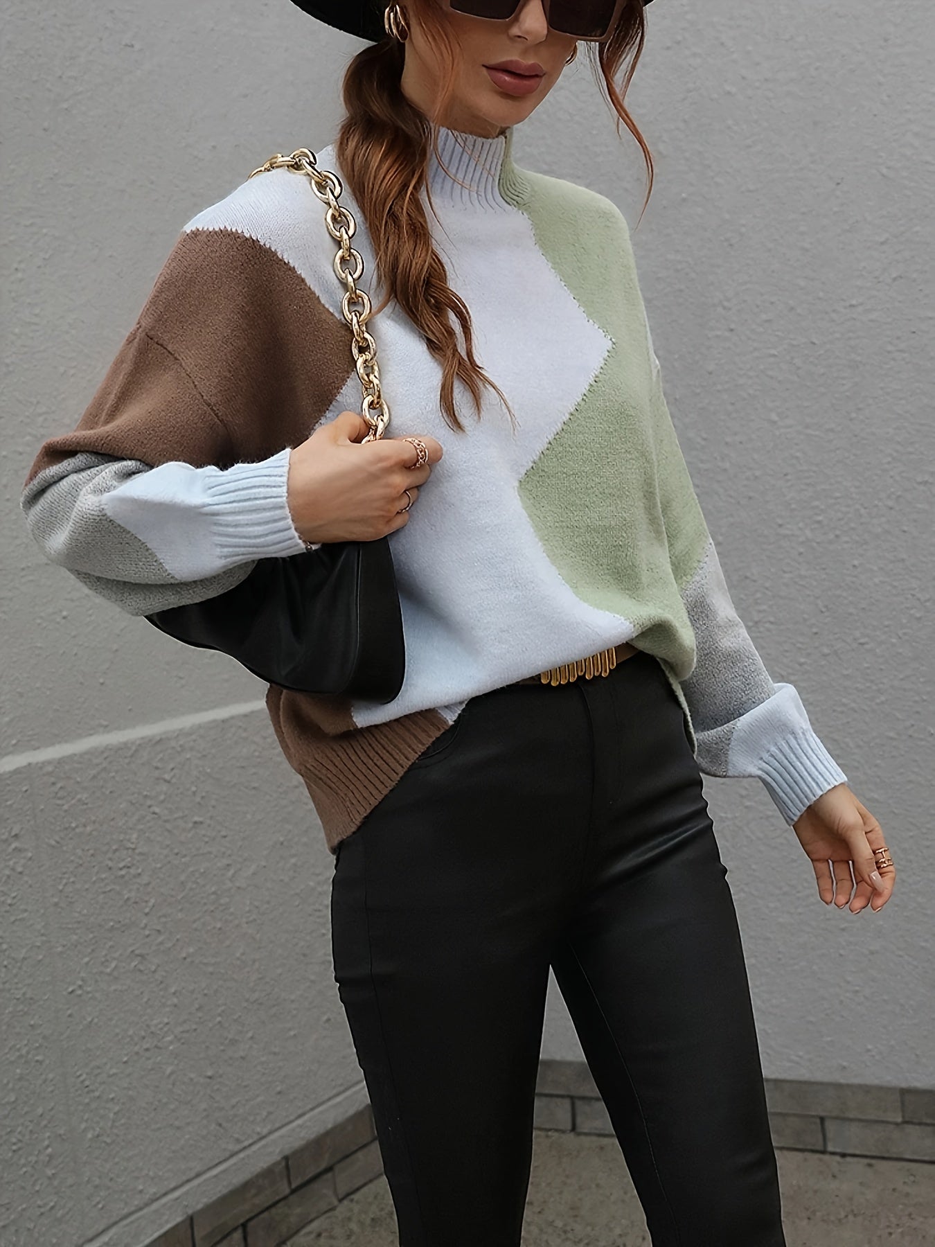 Plus Size Color Block Turtle Neck Sweater, Long Sleeve Elegant Sweater For Spring & Winter, Women's Plus Size Clothing