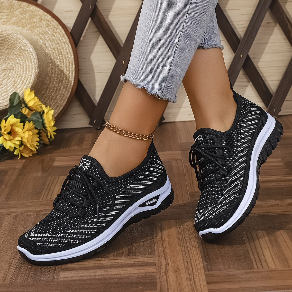 Women'S Breathable Casual Sports Shoes, Knitted Striped Pattern Lace-Up Comfortable Travel Sneakers, Outdoor Anti-Slip Lightweight Walking Beach Vacation Tennis Shoes, Women'S Sneaker, High Cut Shoe Without Lace, Aerobics Dan