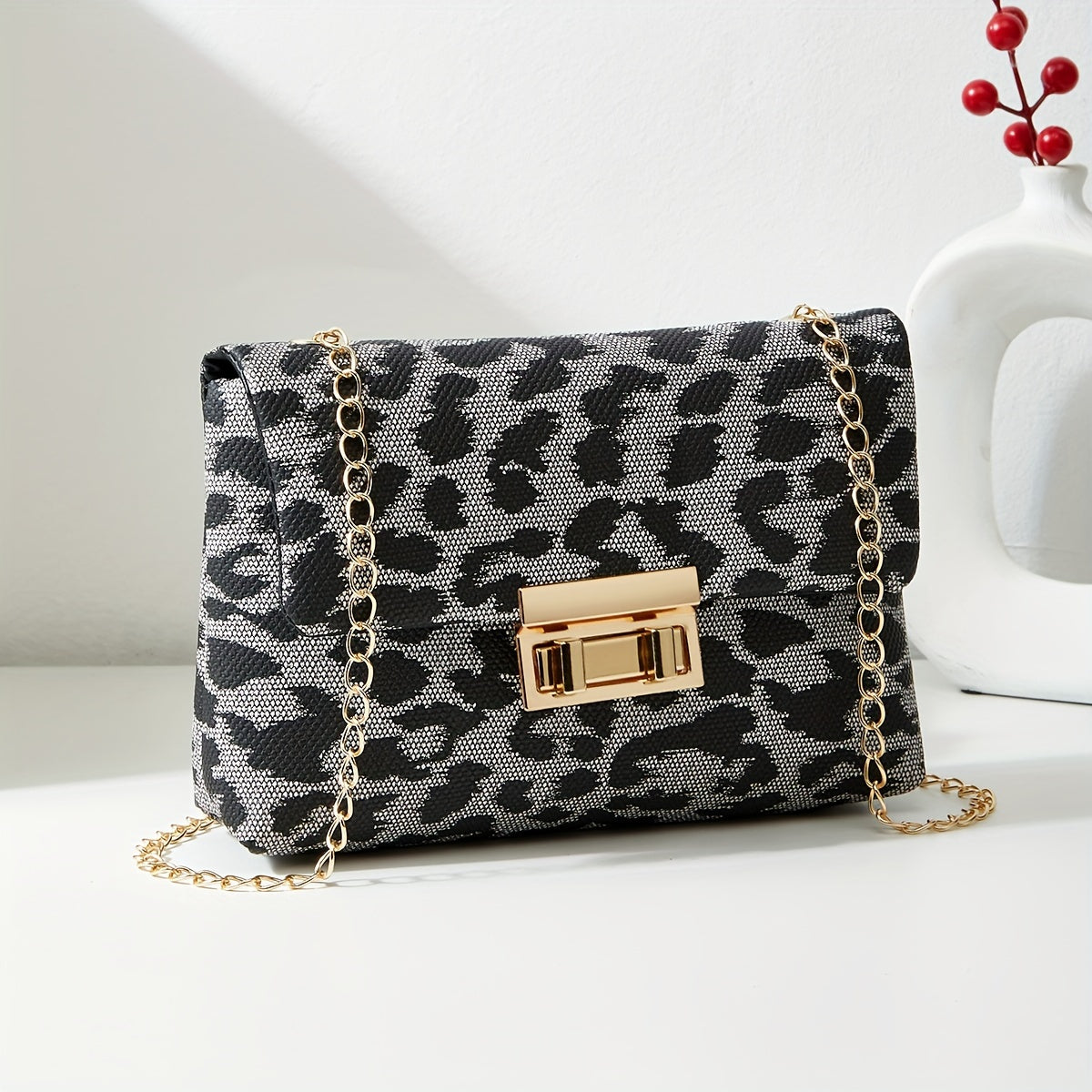 Houndstooth Crossbody Bag, Fashion Chain Shoulder Bag, Women's Flap Square Purse With Lock
