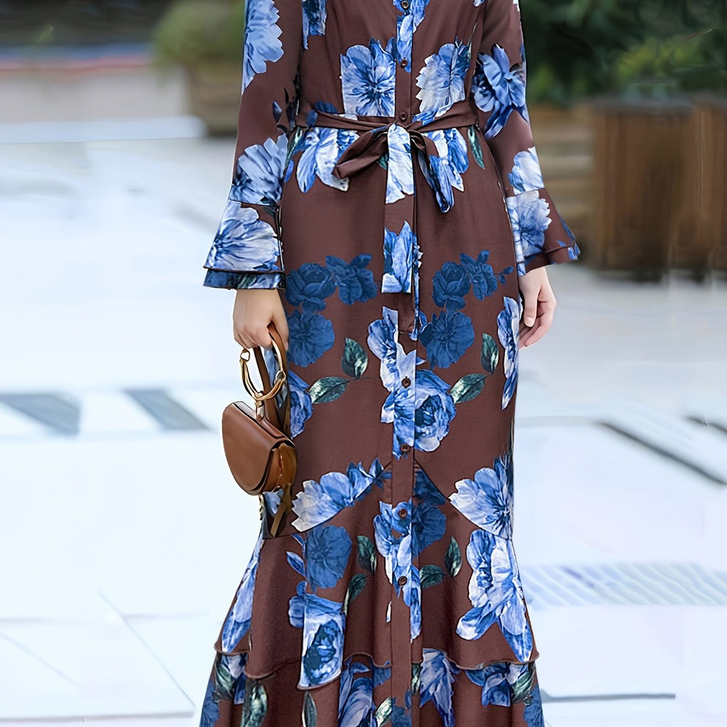 Print Maxi Dress with Belt - Long Sleeve, Mock Neck, Non-Stretch Polyester - Perfect for Spring & Fall