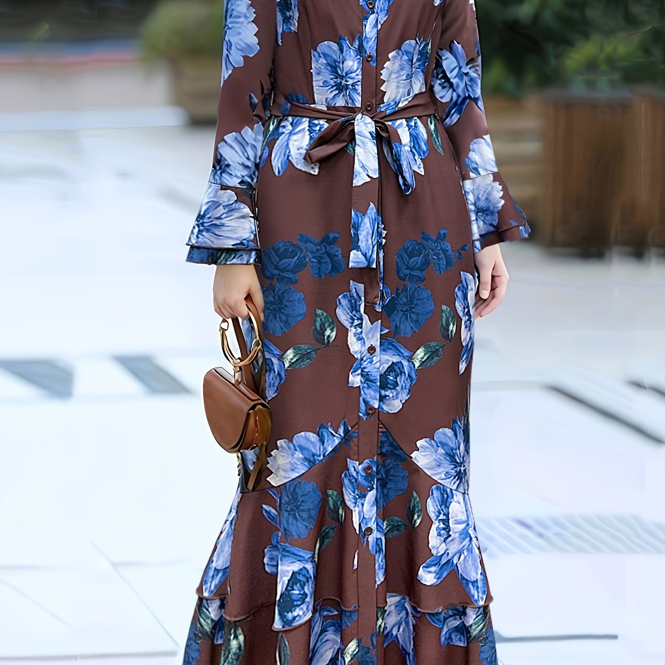 Print Maxi Dress with Belt - Long Sleeve, Mock Neck, Non-Stretch Polyester - Perfect for Spring & Fall