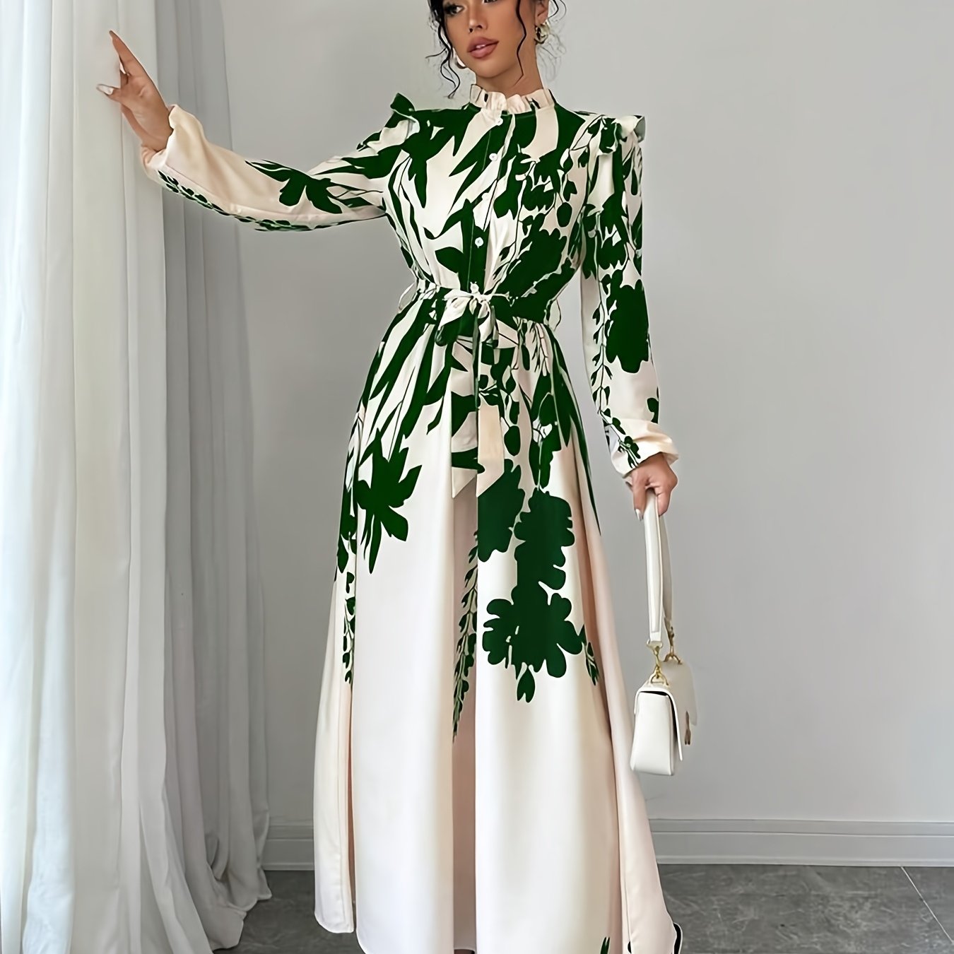 Elegant Floral Print Long Sleeve Dress with Stand Collar and Waist Detail, Polyester A-Line Maxi Dress, with Lantern Sleeves and Ruffle Hem, for Spring/Fall
