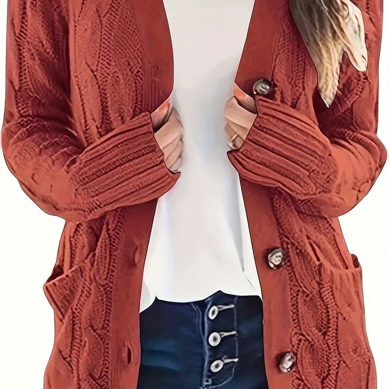 Plus Size Side Pockets Button Front Cardigans, Casual V Neck Solid Color Long Sleeve Cable Knit Cardigans Top For Winter & Fall, Women's Plus Size Clothing