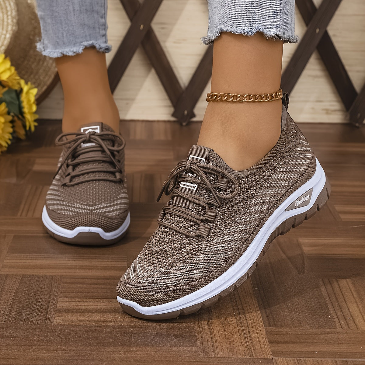 Women'S Breathable Casual Sports Shoes, Knitted Striped Pattern Lace-Up Comfortable Travel Sneakers, Outdoor Anti-Slip Lightweight Walking Beach Vacation Tennis Shoes, Women'S Sneaker, High Cut Shoe Without Lace, Aerobics Dan