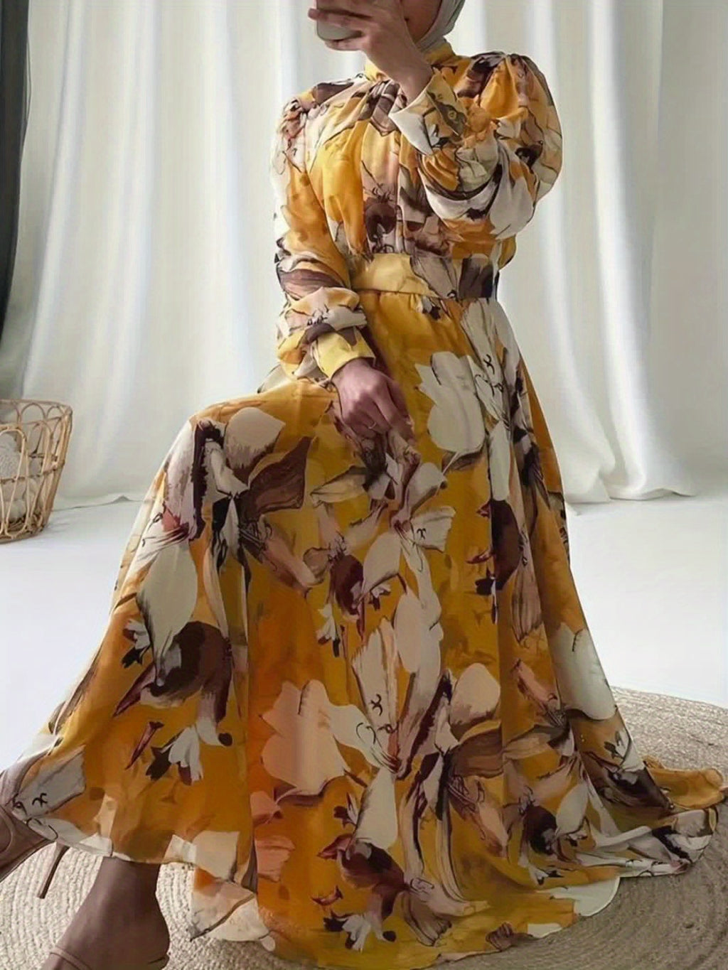 Elegant Chiffon Maxi Dress for Women - Color Block, Long Sleeve with Button Detail, Machine Washable - Perfect for Ramadan & All Seasons