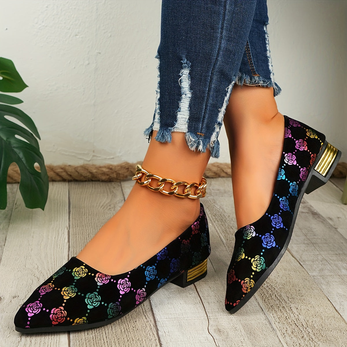 Women's Fashion Mary Jane Flats, Minimalist Floral Pattern Slip-On Shoes with Pointed Toe, Lightweight Fabric Upper, Rubber Sole, All-Season Comfort Footwear, Ladies Shoes