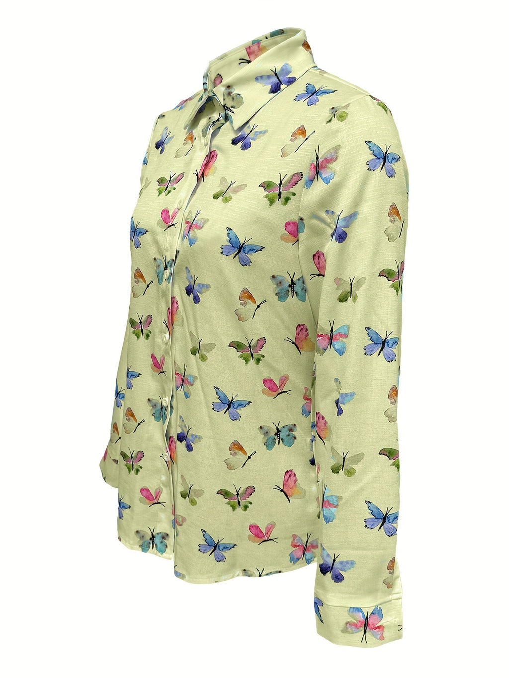 Plus Size Butterfly Print Shirt, Casual Long Sleeve Button Front Shirt For Spring, Women's Plus Size Clothing