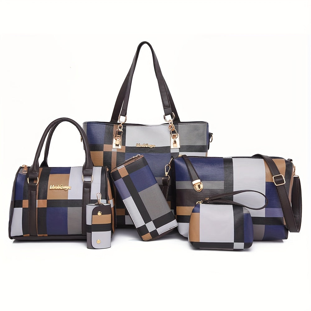 Chic 6-Piece Checkered Handbag Set for Women - Durable Faux Leather Tote, Crossbody & Shoulder Bags - Versatile Style for Everyday Use