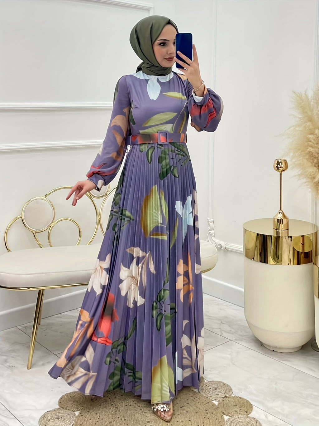 Elegant Floral Pleated Maxi Dress for Women - Long Sleeve, Belted Waist, Polyester & Spandex Blend, Machine Washable
