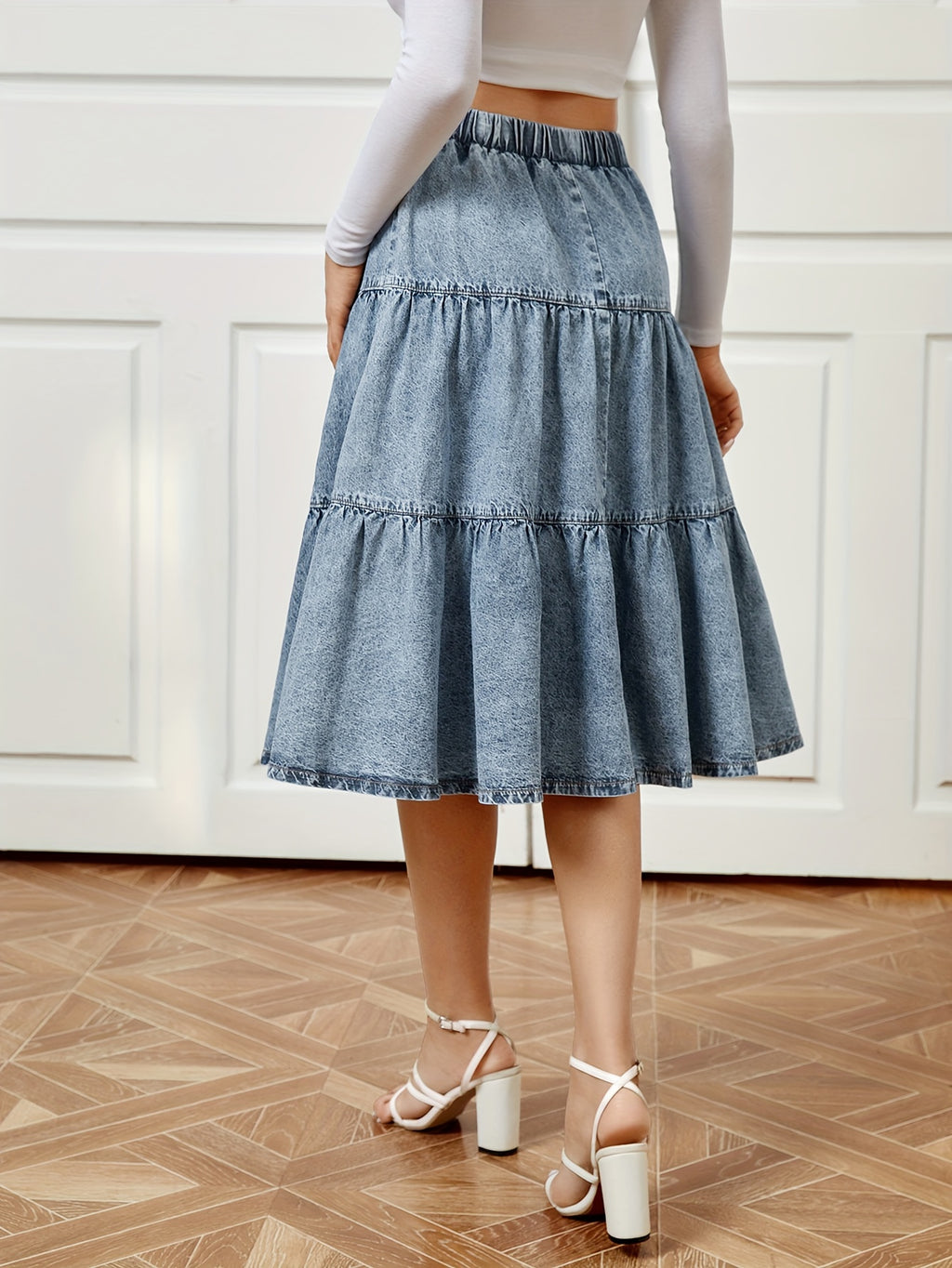 Blue Elastic Waist Denim Midi Skirt, Ruffle Hem Washed Loose Fit Casual Denim Skirt, Women's Denim Clothing