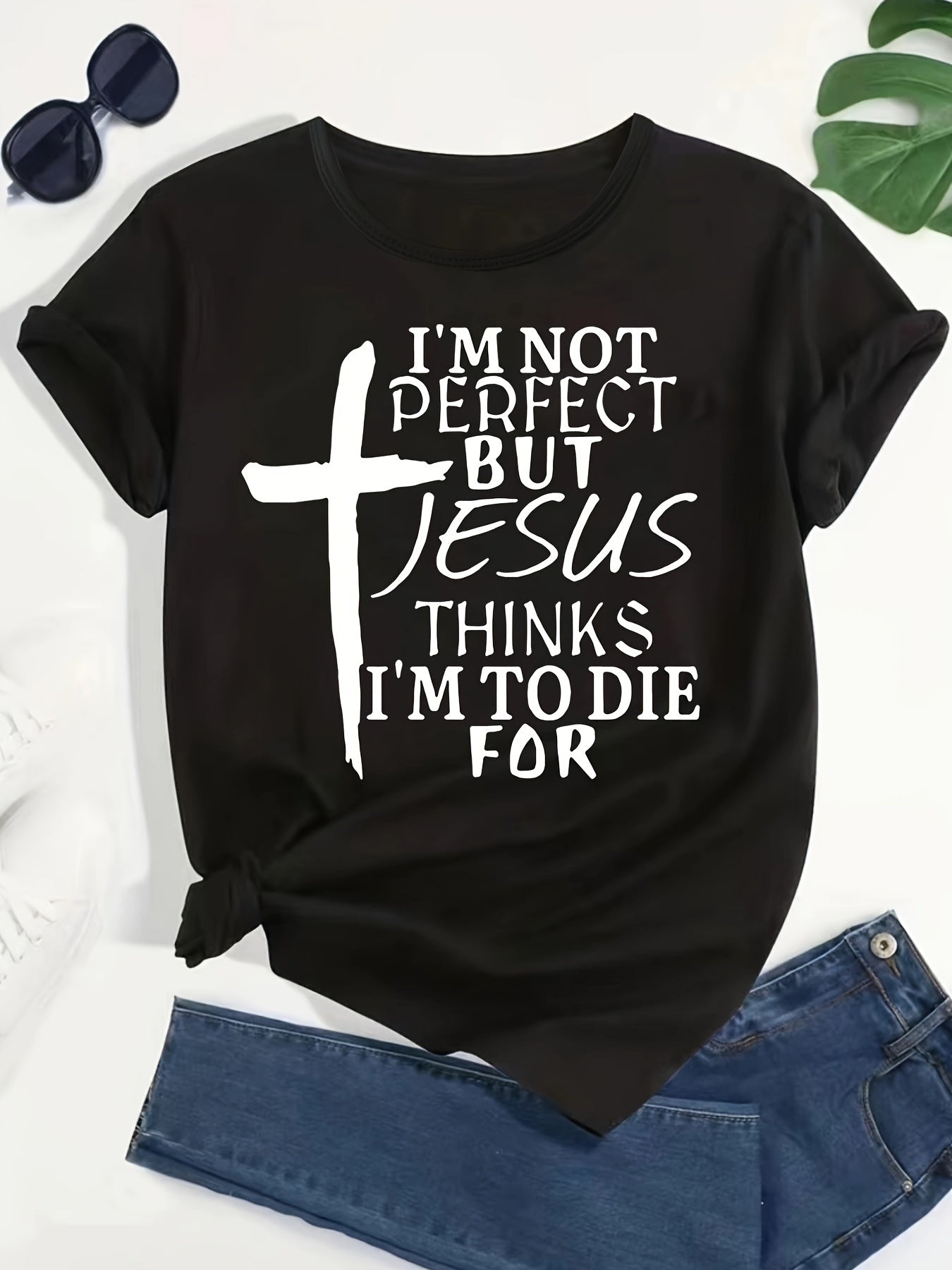 Plus Size Cross & Letter Print T-Shirt, Casual Short Sleeve Top For Spring & Summer, Women's Plus Size Clothing
