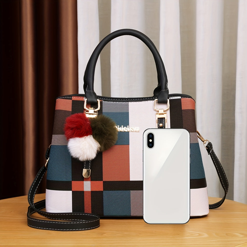 Color Stitching Plaid Crossbody Bag, PU Leather Textured Bag Purse, Classic Versatile Fashion Shoulder Bag