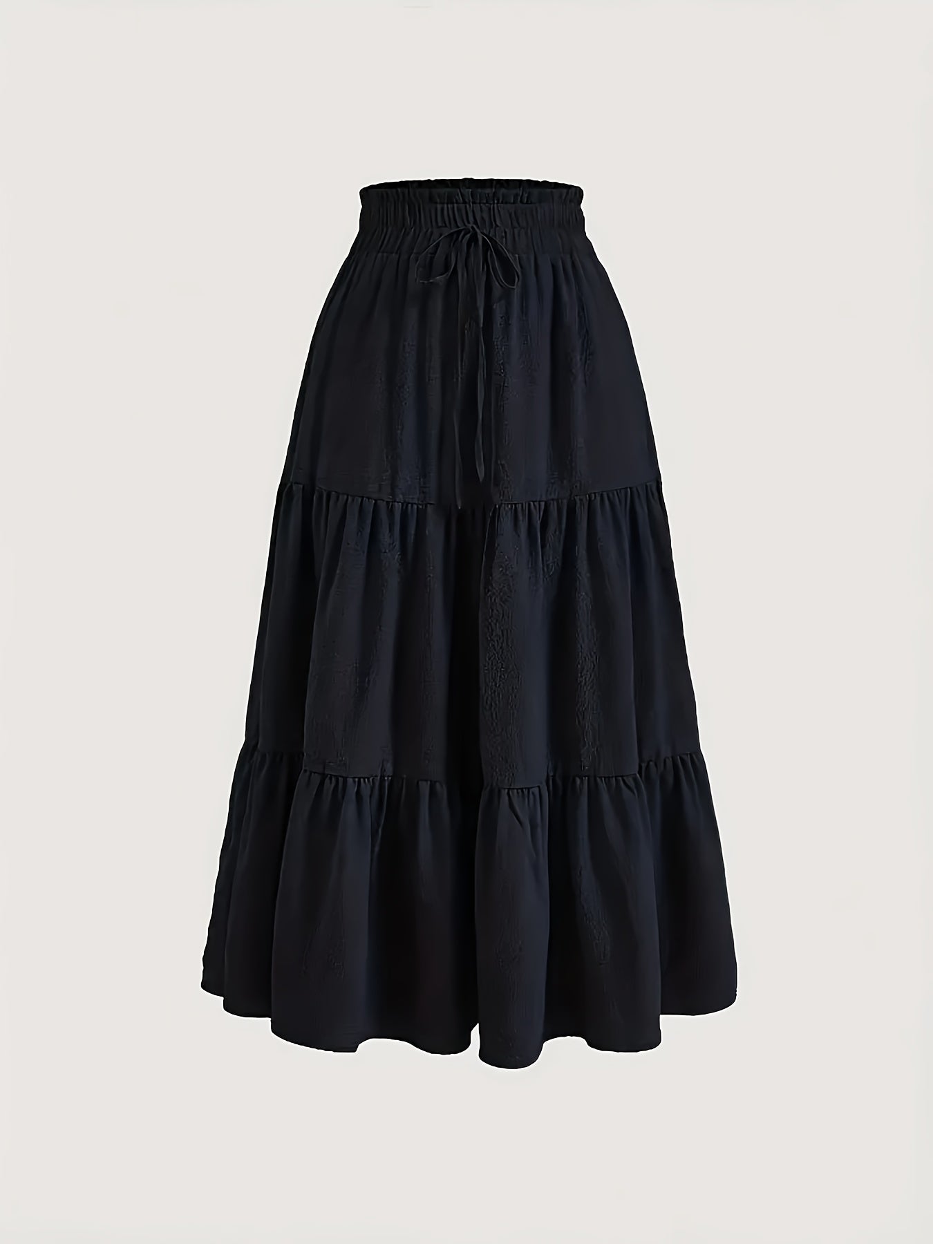 Plus Size Solid Ruched Tiered Skirt, Casual Elastic Waist Midi Skirt For Spring & Summer, Women's Plus Size Clothing