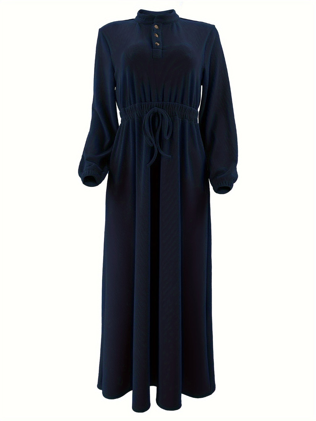 Elegant Navy Blue Maxi Dress for Women - Casual Solid Color with Button Detail, Long Sleeves, Polyester & Spandex Blend, Machine Washable - Perfect for All Seasons