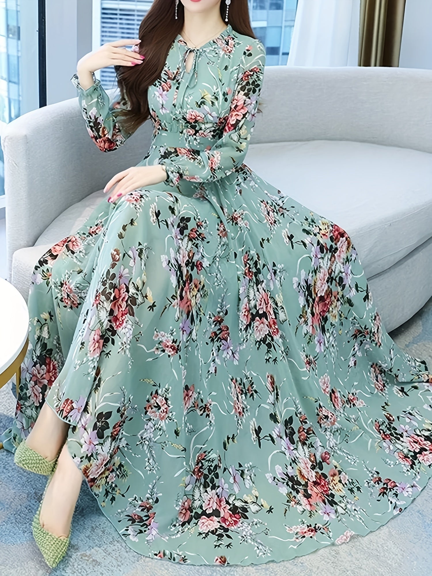 Elegant Floral Maxi Dress for Women - Vintage Long Sleeve, Bohemian Beach Party Gown with V-Neck, Non-Sheer Polyester - For Women - Perfect for Summer Parties, Beach Vacations & Festivals - Ideal Gift for Her